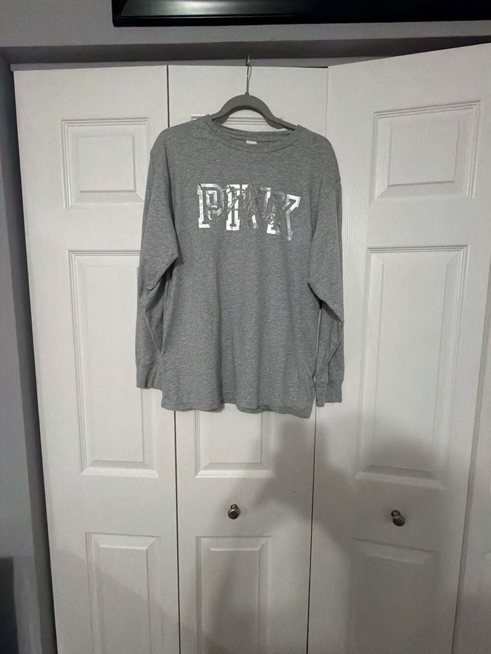 Victoria's Secret PINK Long Sleeve Campus Tee Gray Bling Logo